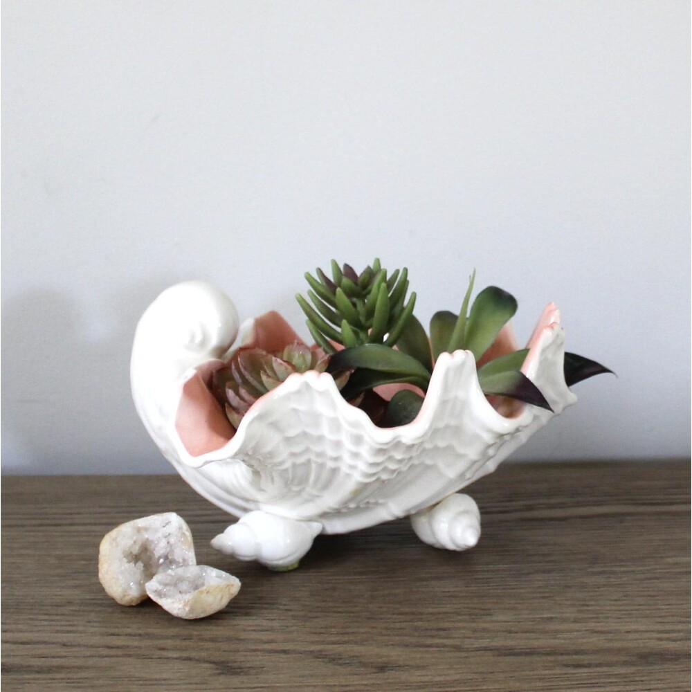 Fitz & Floyd White Pink Seashell Bowl Ceramic Planter Serving Bowl Beach Decor